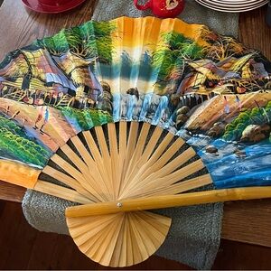 Hand painted Green Wall Fan 39” Handmade Silk and Bamboo